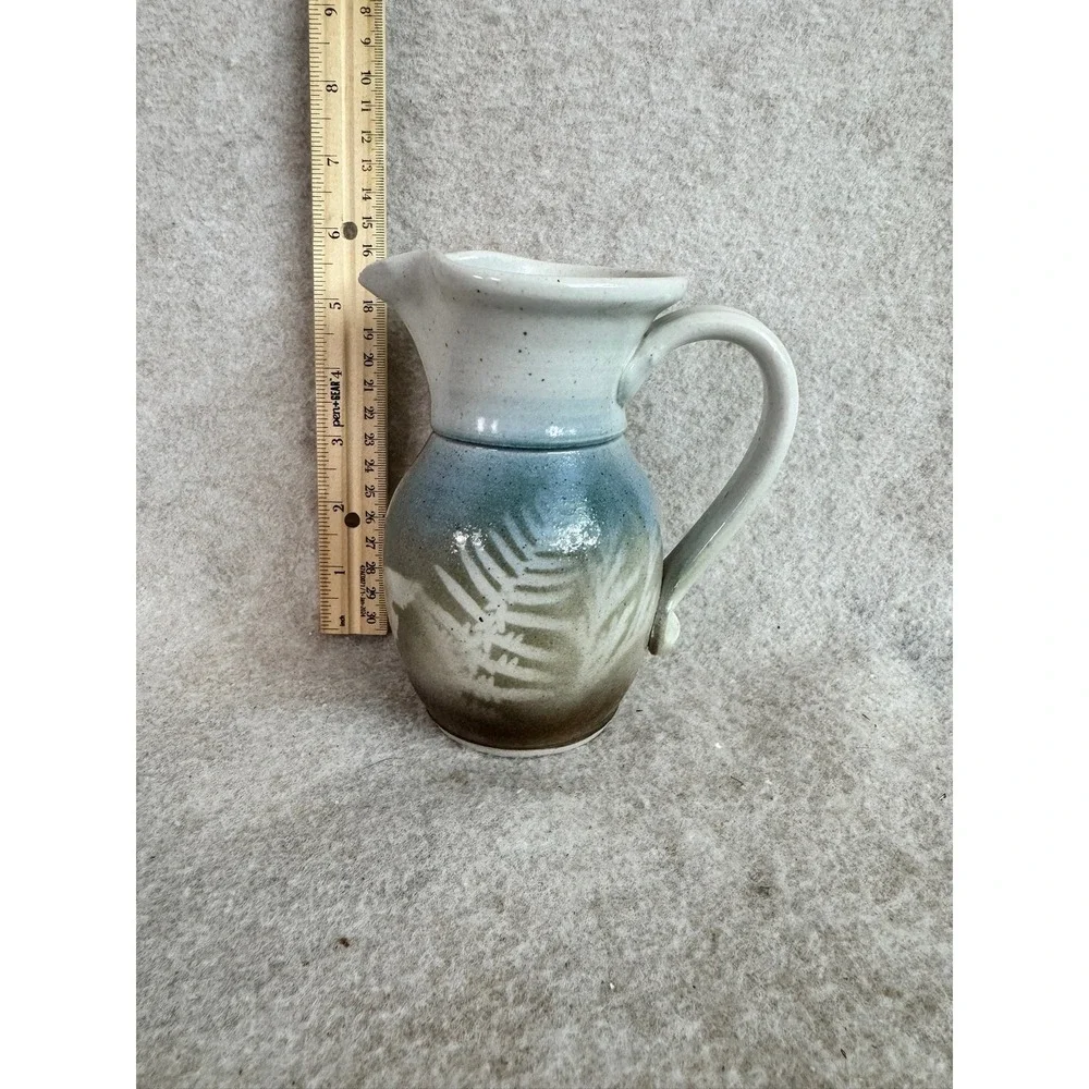 Handmade Ceramic Pitcher Vase Fern Design Blue Green Glaze Studio Pottery Signed